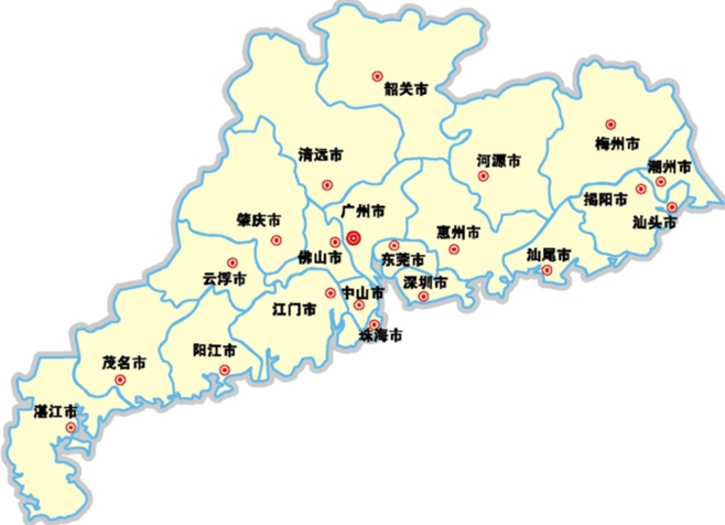 下图是广东省的城市分布地图,看图湛江市大致在广州市的图片
